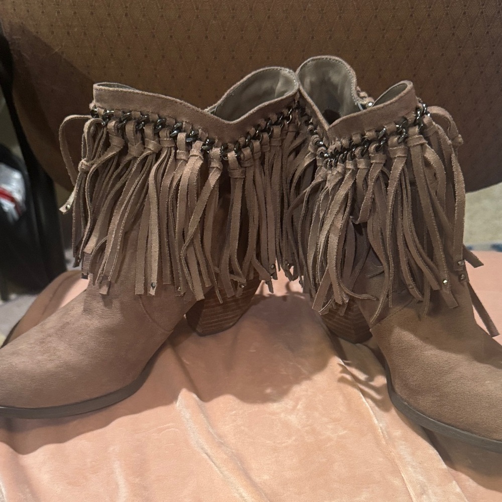 Fringe Suede Ankle Booties - Brown